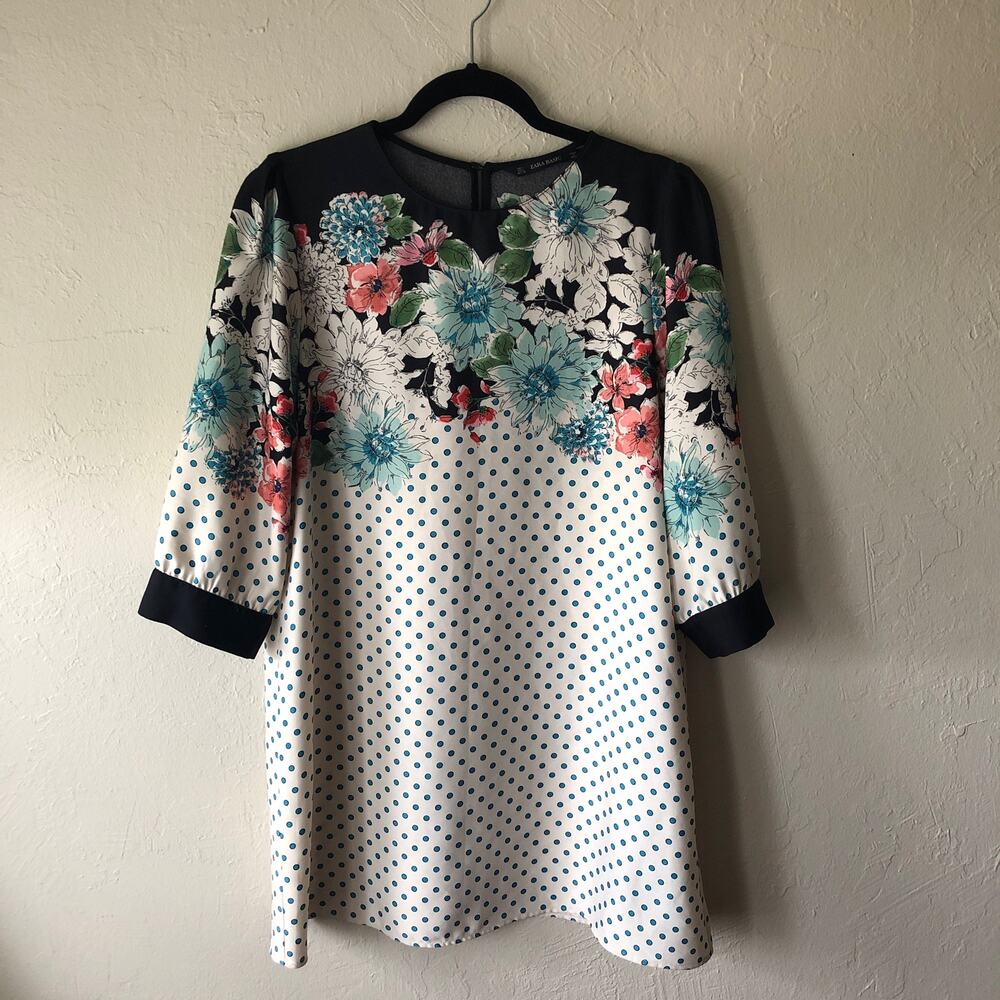 Zara Polka Dot Floral 3/4 Sleeve  Mini Dress